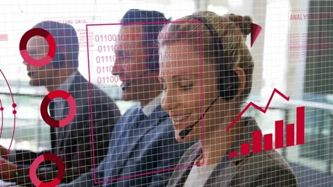Three support agents handling new calls with data overlays growing globe to Stock Footage 333062910