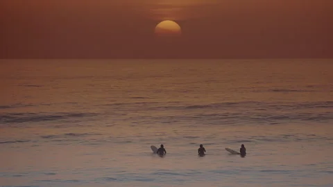 Three surfers in the ocean after the surf session at golden orange sunset. Stock Footage 285723112