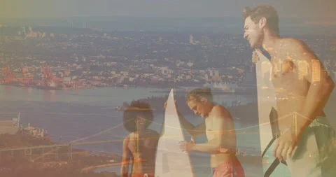 Three surfers pointing and inspecting board on bluff while city overlaying scene 스톡 동영상 329785588