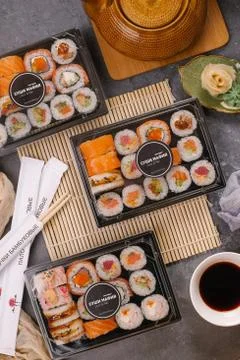 Three sushi on the table, top view. Multiple sushi dishes Stock Photos