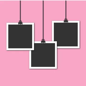 Three suspended on a thread square photo frames on a pink background Stock Illustration