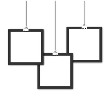 Three suspended on a thread square photo frames on isolated on white backgrou Stock Illustration