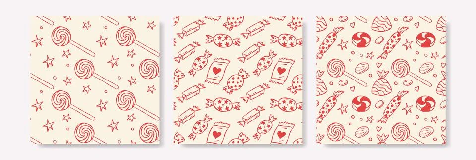 Three sweet candy-themed seamless patterns in red on cream 스톡 일러스트