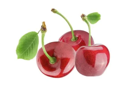 Three sweet cherries with leaf isolated on the white Stock Photos