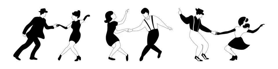 Three swing dance couples silhouettes Stock Illustration