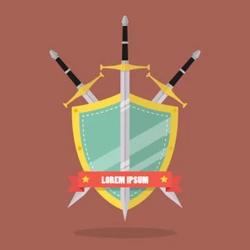 Three swords and shield flat style badge icon Stock Illustration