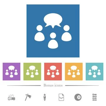 Three talking persons with oval bubble solid flat white icons in square backg Stockillustratie