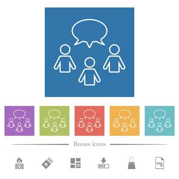 Three talking persons with oval bubble outline flat white icons in square bac Stock Illustration