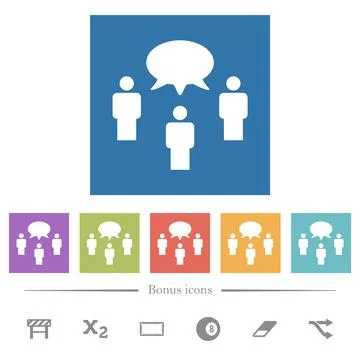 Three talking persons with oval bubble solid flat white icons in square backg Stockillustratie