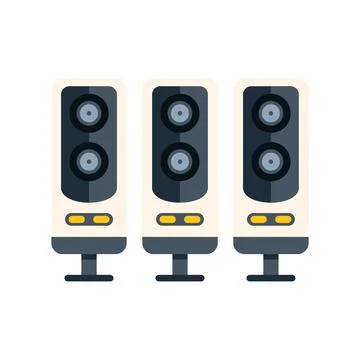 Three tall audio speakers standing on stands playing music Stock Illustration