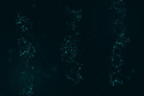 Three tall formations of connected glowing points rise through a dark atmos.. Stock Illustration
