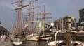 Three tall ships at the pier in Hamburg Speicherstadt HD Footage