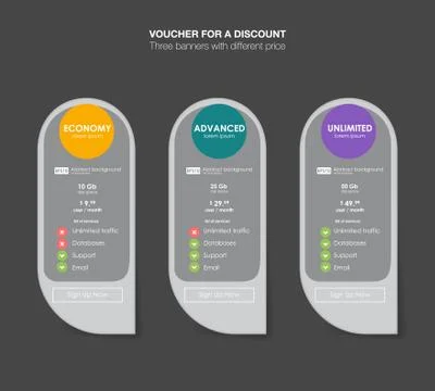 Three tariffs banners for web app. Price , banner, order, box, button, list and Stock Illustration
