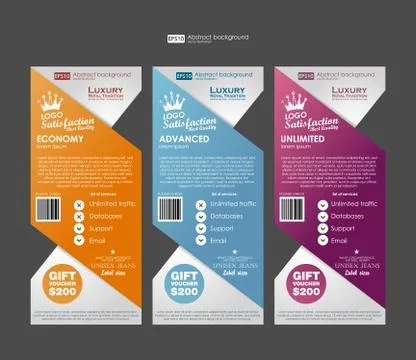 Three tariffs banners for web app. Price , banner, order, box, button, list and Stock Illustration