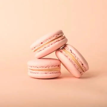 Three tasty macarons on the bright background. Stock Photos