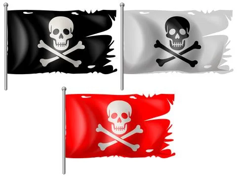 Three Tattered Pirate Flags with Skull and Crossbones Stock Illustration