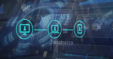 Three teal icons showing users on devices floating in grid, with connecting Stock Photos