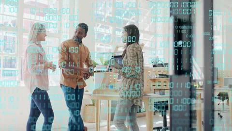 Three team members discussing tech project in office, woman tapping tablet Stock Footage 332577848