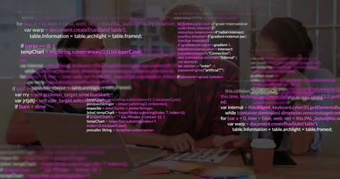 Three tech developers collaborating around laptop while typing code overlays Stock Footage 330476001