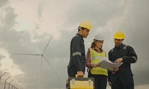 Three technician engineer in uniform with standing and checking wind turbine. Foto stock