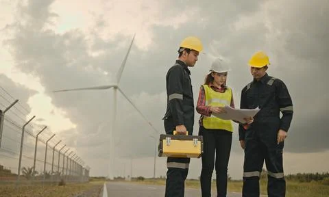 Three technician engineer in uniform with standing and checking wind turbine Stock Photos