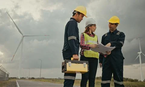 Three technician engineer in uniform with standing and checking wind turbine Foto stock