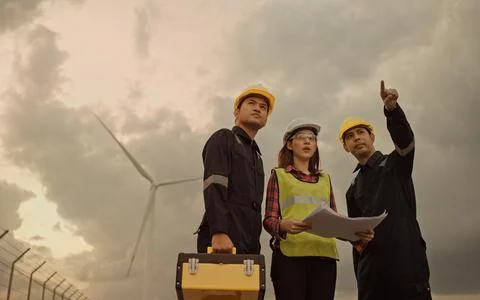 Three technician engineer in uniform with standing and checking wind turbine Foto stock