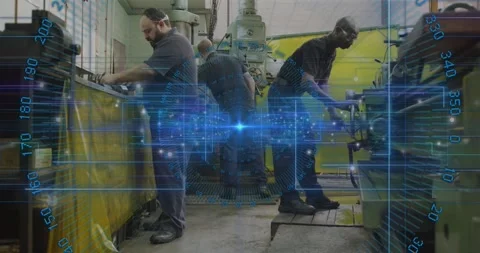 Three techs at stations, right tech turning wheel starting blue AR overlay Stock Footage 321099659