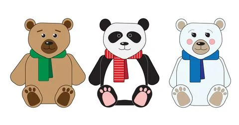 Three teddy bears: panda, teddy, polar bear, sitting in multicolor scarves Stock Illustration