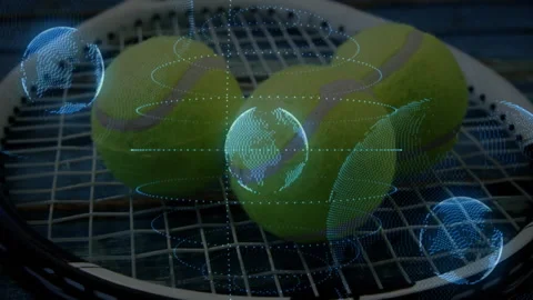 Three tennis balls floating on racket strings, merging with holographic globe Video stock 307457280