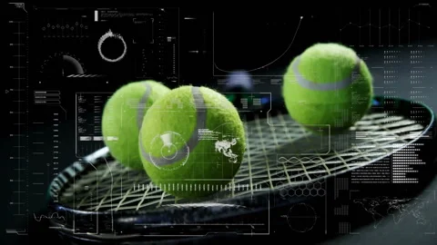 Three tennis balls settling on racket before fourth entering right while HUD Stock Footage 309683689