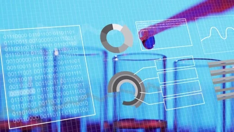 Three test tubes receiving droplet while pipette tip entering, HUD updating for Video stock 333818170