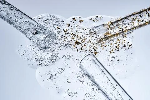 Three test tubes with spilled serums. Demonstration of textures. Stock Photos