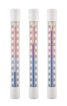 Three thermometers with different temperatures isolated on white background Stock-Fotos