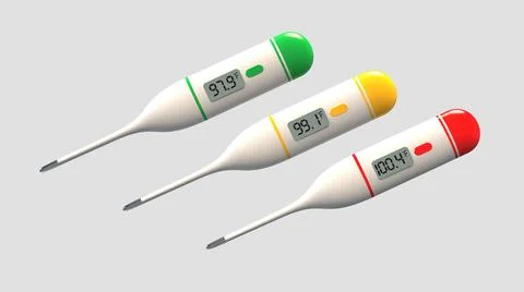 Three thermometers on an isolated gray background. Green, Yellow, Red Illustrazione stock
