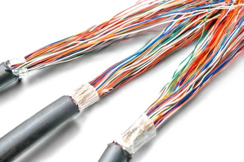 Three thick cables tangled in one big bundle of wires. Multi-colored wires Un 库存照片