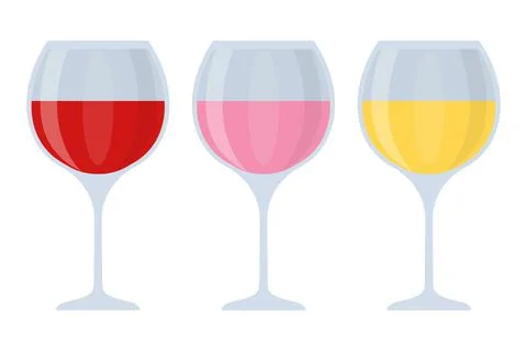 Three thin glasses with wine, white, red, pink Stock Illustration