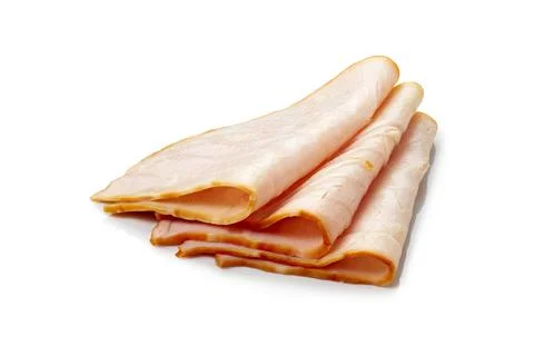 Three thin slices of ham folded on white background Stock Photos