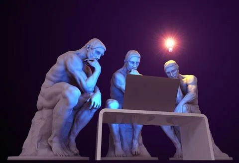 Three thinkers with a computer and one of them has a glowing light bulb above Illustrazione stock