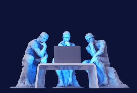 Three Thinkers Sitting In Front Of A Computer Screen Stock Illustration