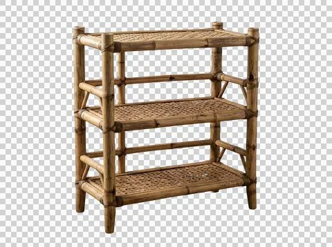 Three tier bamboo shelf unit for home organization isolated on transparent .. Stock Photos