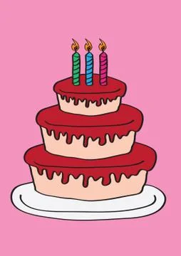 Three Tier Birthday Cake with Three Candles Stock Illustration