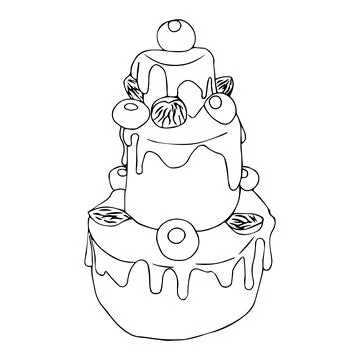 Three-tier cake decorated with chocolate candies, sprinkles, and almonds. Vector Stock Illustration