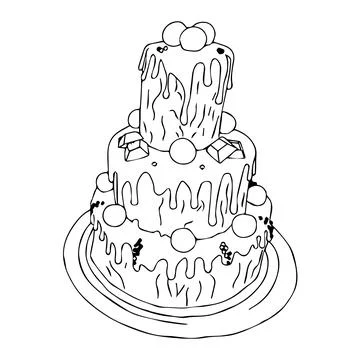 Three-tier cake decorated with chocolate candies, sprinkles, and almonds. Vector Stock Illustration