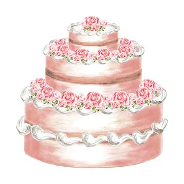 Three-tier cake with white cream and rose flowers Watercolor illustrations for Stock Illustration