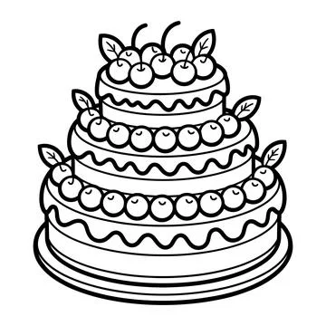 Three Tier Cherry Cake Line Art Birthday Dessert Illustration Stock Illustration