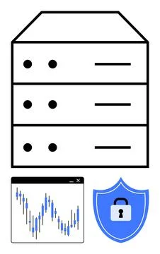 Three-tier data server stack, analytics graph with fluctuating data points, s Stock Illustration