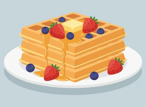 Three tier stack of golden waffles on a white plate, topped with a melting .. Stock Illustration