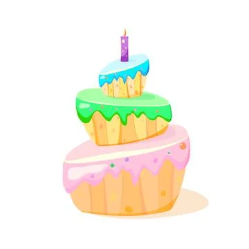 A three-tiered cake with one candle drawn in a cartoon style. Stock Illustration