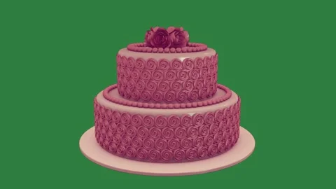 A three tiered cake on plate and pink with green background screen green Stock Footage 335977793